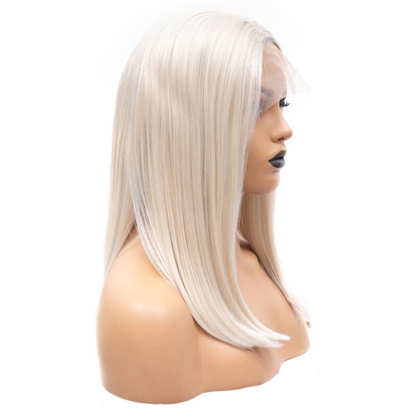 Bombshell platin hvid kort lige bob syntetisk 13*3 blonder frontparykker varmebestandigt fiber hår midterskilning til kvinder