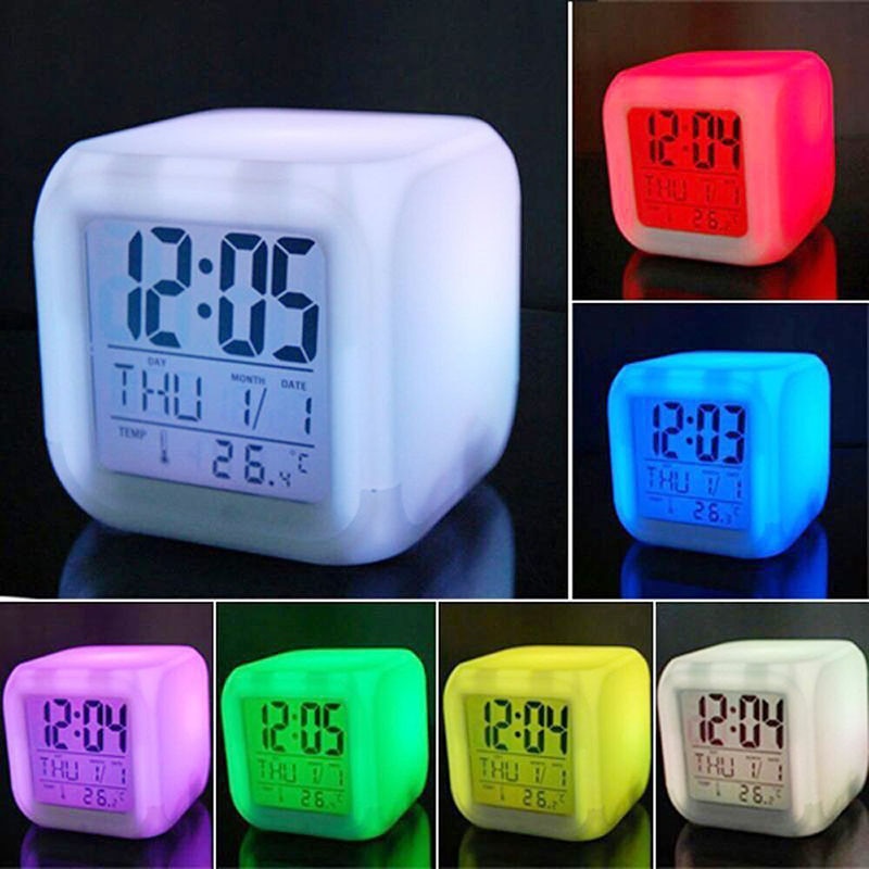 7 Colors Cube LED Alarm Clock Clock Changing Digital Desk Gadget Thermometer Night Glowing Home Decor Watch TXTB1