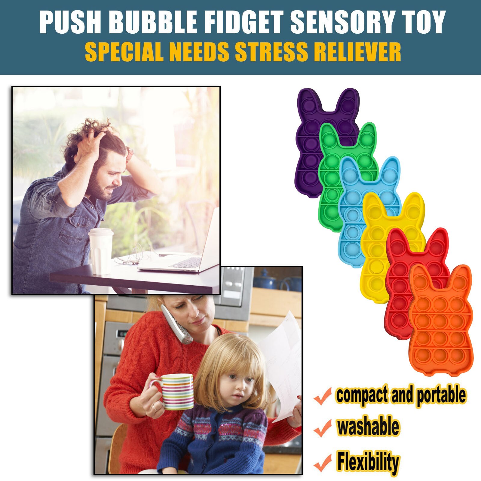 Kleurrijke Squishy Oneindige Squeeze Konijn Push Bubble Fidget Zintuiglijke Speelgoed Autisme Speciale Behoeften Stress Reliever Antistress
