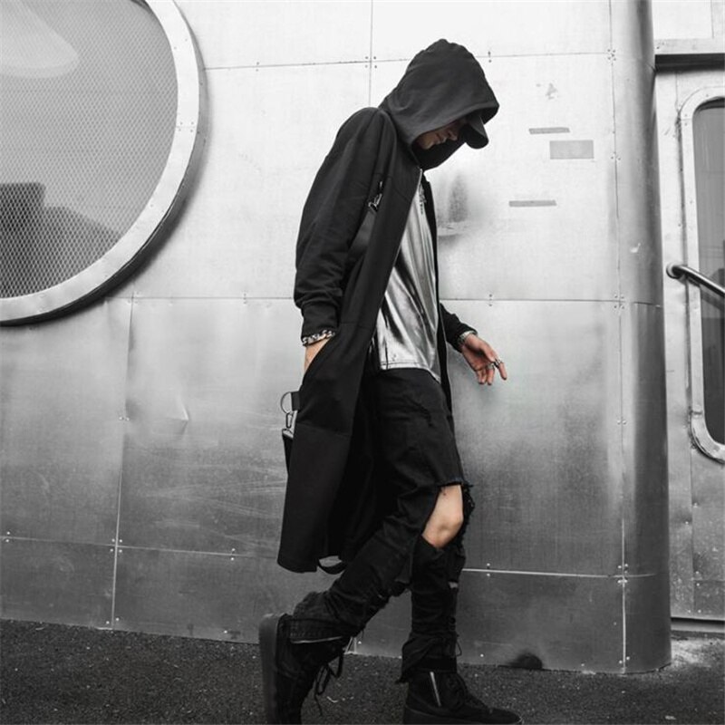 Frühling herbst männer bänder Patchwork Punk Hüfte hüpfen lange trenchcoat mit kapuze Mantel männer schwarz Reißverschluss techwear lange jacke Mantel