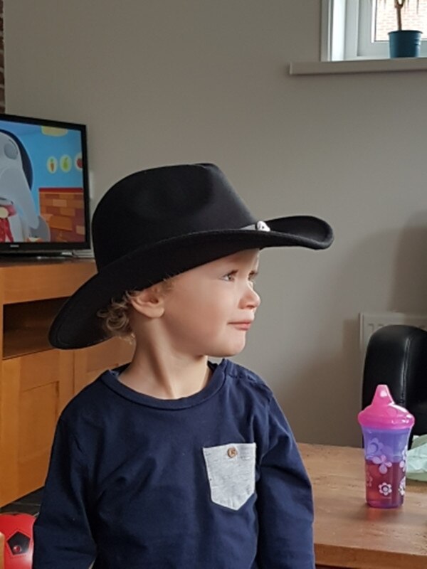 LUCKYLIANJI 100% filc wełniany dzieciak dziecko zachodni kapelusz kowbojski z szerokim rondem punkowa skórzana czapka jazzowa (rozmiar: 54cm regulacja liny)