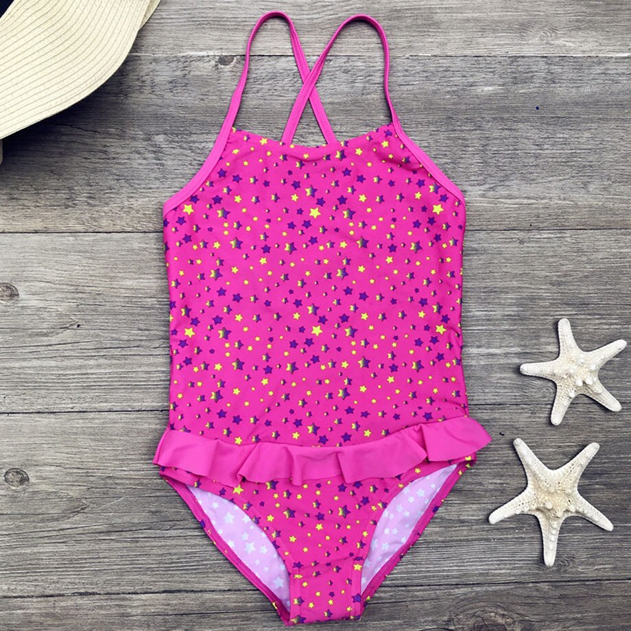 5-12 Years Girl One Piece Swimsuit Stars Print Kids Swimwear Cross Back Child Girl Bathing Suit Young Girls Swimming Suit Black
