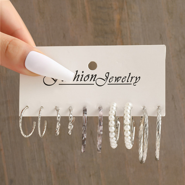 Silver Color Pearl Twist Hoop Earrings Set For Women Jewelry pendientes Vintage Circle Geometric Dangle Earrings Trendy: Blue Zinc Plated