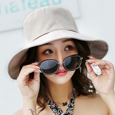 Primavera Verano sombreros de Sol para las mujeres grandes ala ancha de algodón sombrero de cubo para playa Panamá sombrero visera mar Chapeau Femme: beige