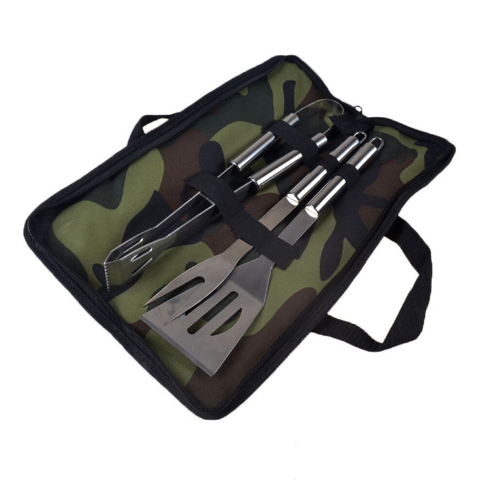 3 Pcs Premium Stainless Steel Perfect Outdoor Barbecue Grill Utensils Set Includes Spatula Tongs & Fork with Camouflage Cloth Ba: Default Title