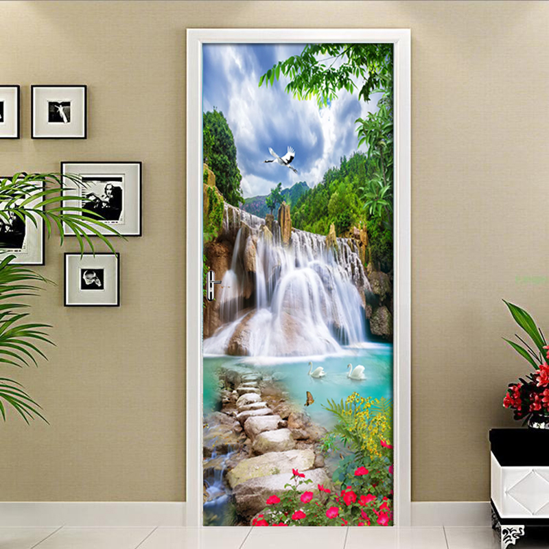 3D Beautiful Mountain Waterfall Door Sticker Living Room Bedroom Self-Adhesive Waterproof Mural Wallpaper For Walls 3 D Sticker