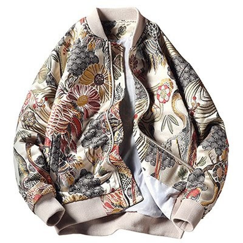 Chaqueta Bomber con bordado Floral y Grulla para hombre, ropa de calle con cuello levantado, estilo japonés, chaquetas de béisbol universitarios, abrigo de otoño