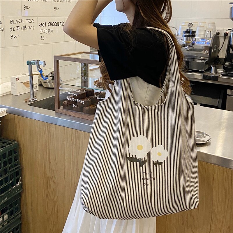 Vrouwen Canvas Schoudertas Verticale Strepen Dames Grote Capaciteit Doek Handtas Grote Tote Eco Vriendelijke Leuke Boodschappentas