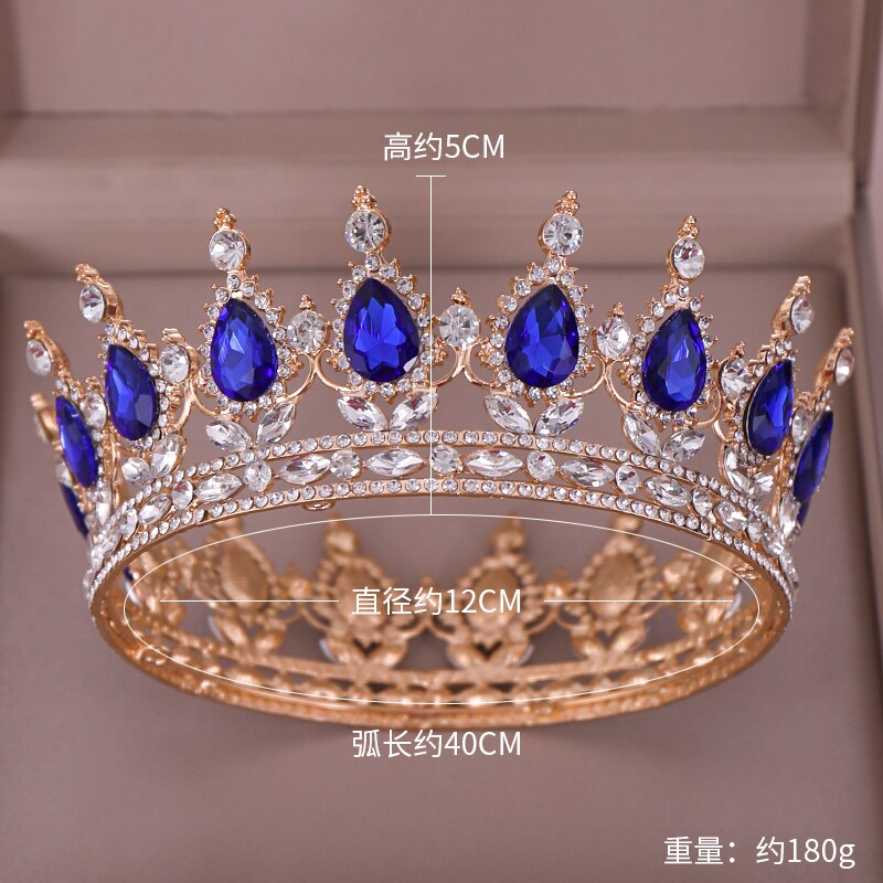 Cristal azul coroa tiara nupcial acessórios de cabelo strass cristal redondo coroa bandana para mulher rainha diadem rei coroa presente: Ouro-cor