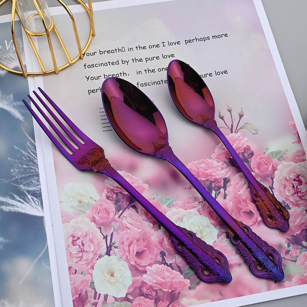 24Pcs Dinnerware Set Knives Fork Tea Spoon Dinner Tableware 304 Stainless Steel Purple Cutlery Set Kitchen Flatware Silverware