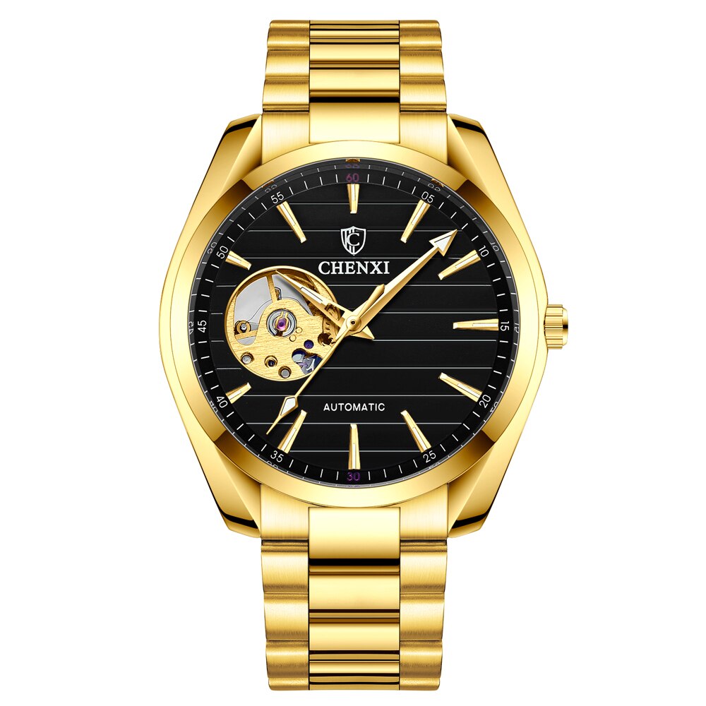 Chenxi Mannen Mechanische Horloge Topmerk Luxe Automatische Horloge Sport Roestvrij Staal Waterdichte Horloge Mannen Relogio Masculino: Golden Black