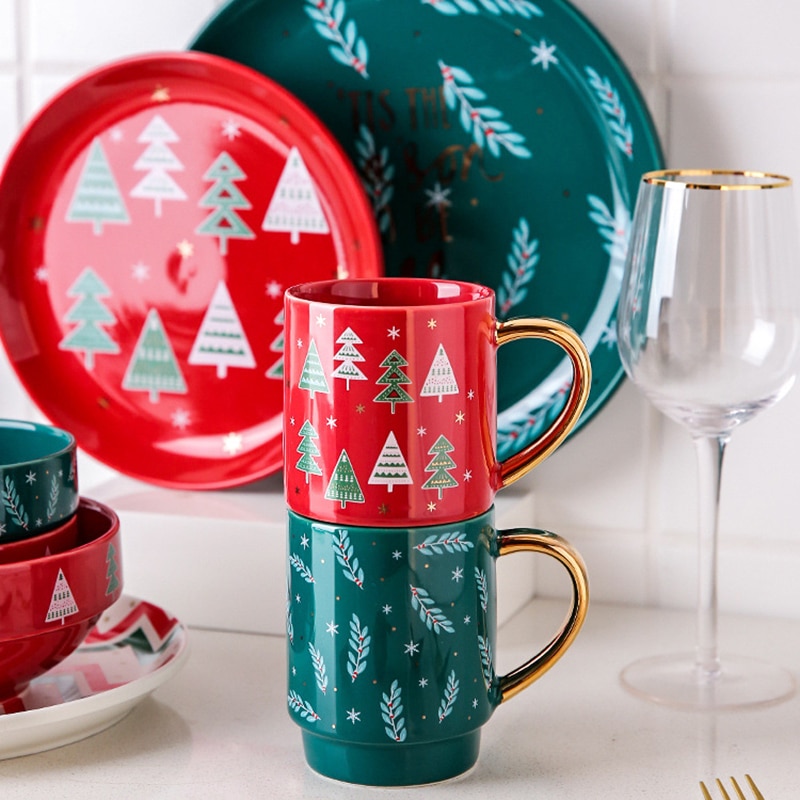 Christmas Cup Bowl Mug Christmas Party Tableware Set Porcelain Breakfast Plates Dishes Noodle Bowl Coffee Mug Tableware
