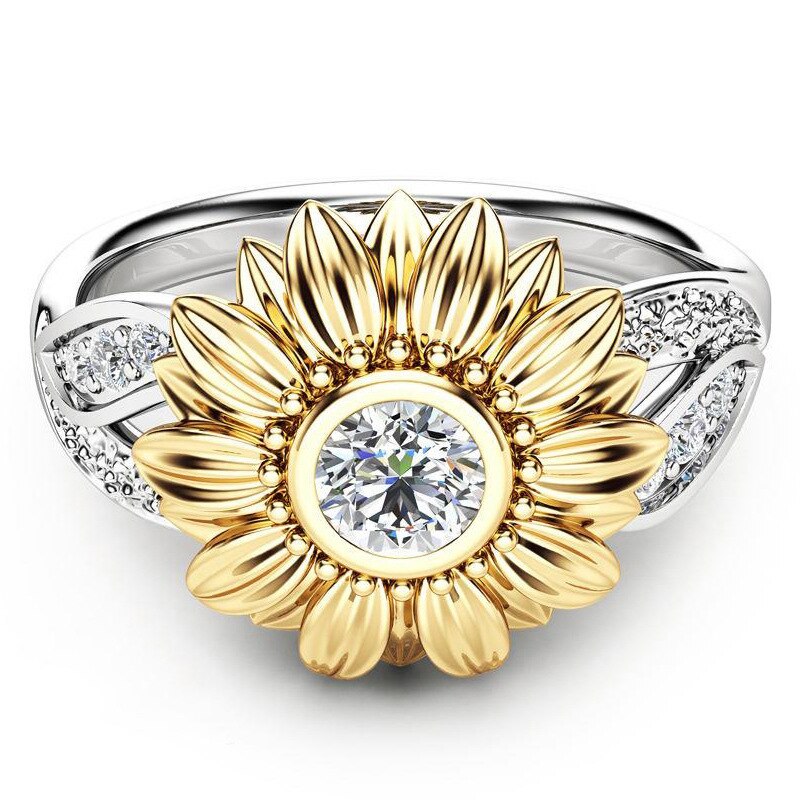 Leuke Zonnebloem Bloem Ring Crystal Rhinestone Ring Voor Vrouwen Accessoires Sieraden