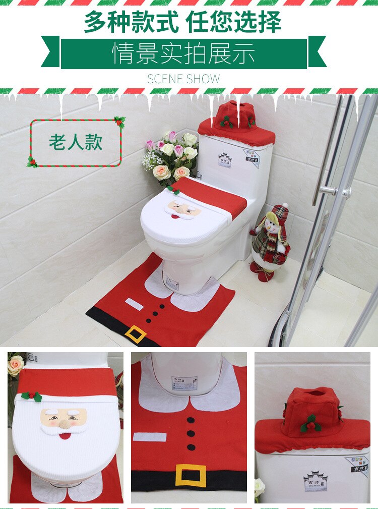 Couverture de toilette de noël personnes âgées bonhomme de neige salle de bain trois pièces toilette siège de toilette pad réservoir d'eau couverture ensemble de serviettes en papier: A