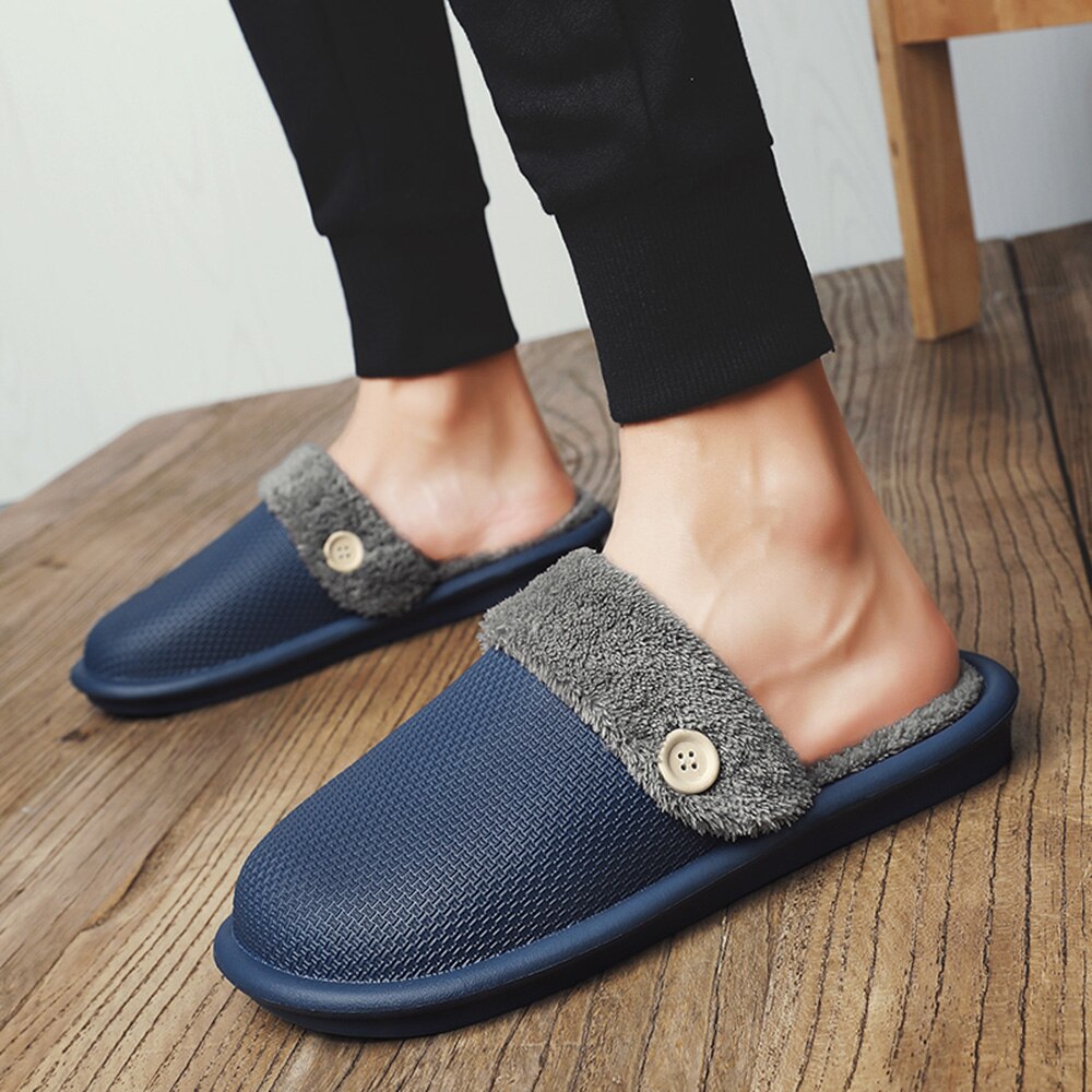 Zapatillas de EVA impermeables para hombre, pantuflas calientes de felpa informales para interior, de algodón, pantuflas para el hogar, invierno,