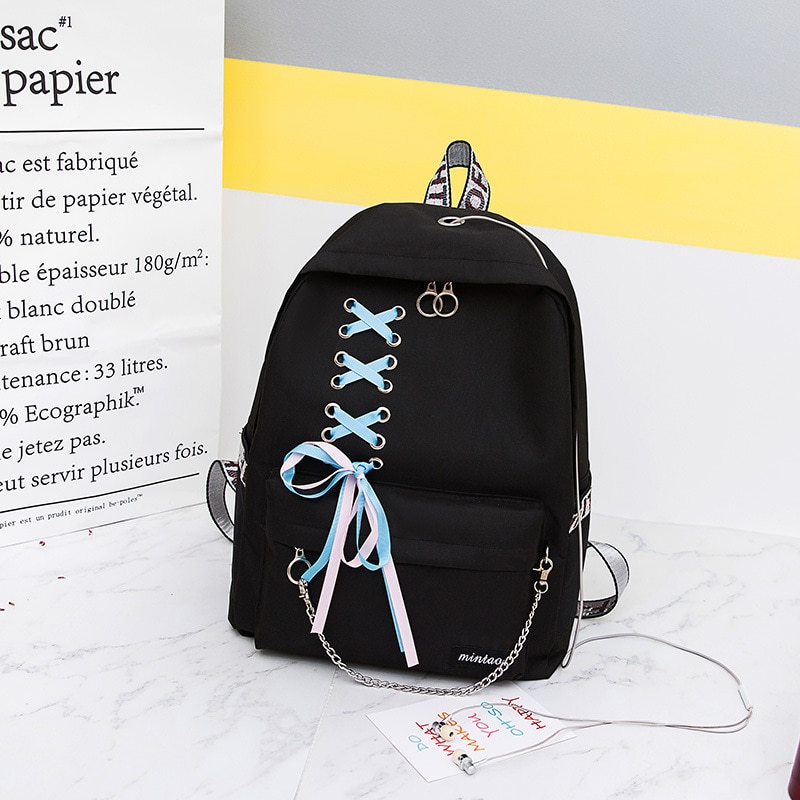 Catena di Borsa di Tela Femminile Del Sacchetto di Libro Zaino 5 Pz/set di Scuola Borsa da Viaggio Zaino Pacchetto di Modo Della Nappa Delle Donne Adolescenti Adolescenti Ragazza 2019: black  style 2