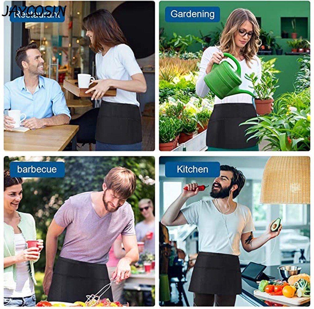 Adult Waterproof 2 Pockets Waterdrop Resistant Waiters Waitress Waist Apron Chef Apron Black Waist Half Short Apron in Kitchen