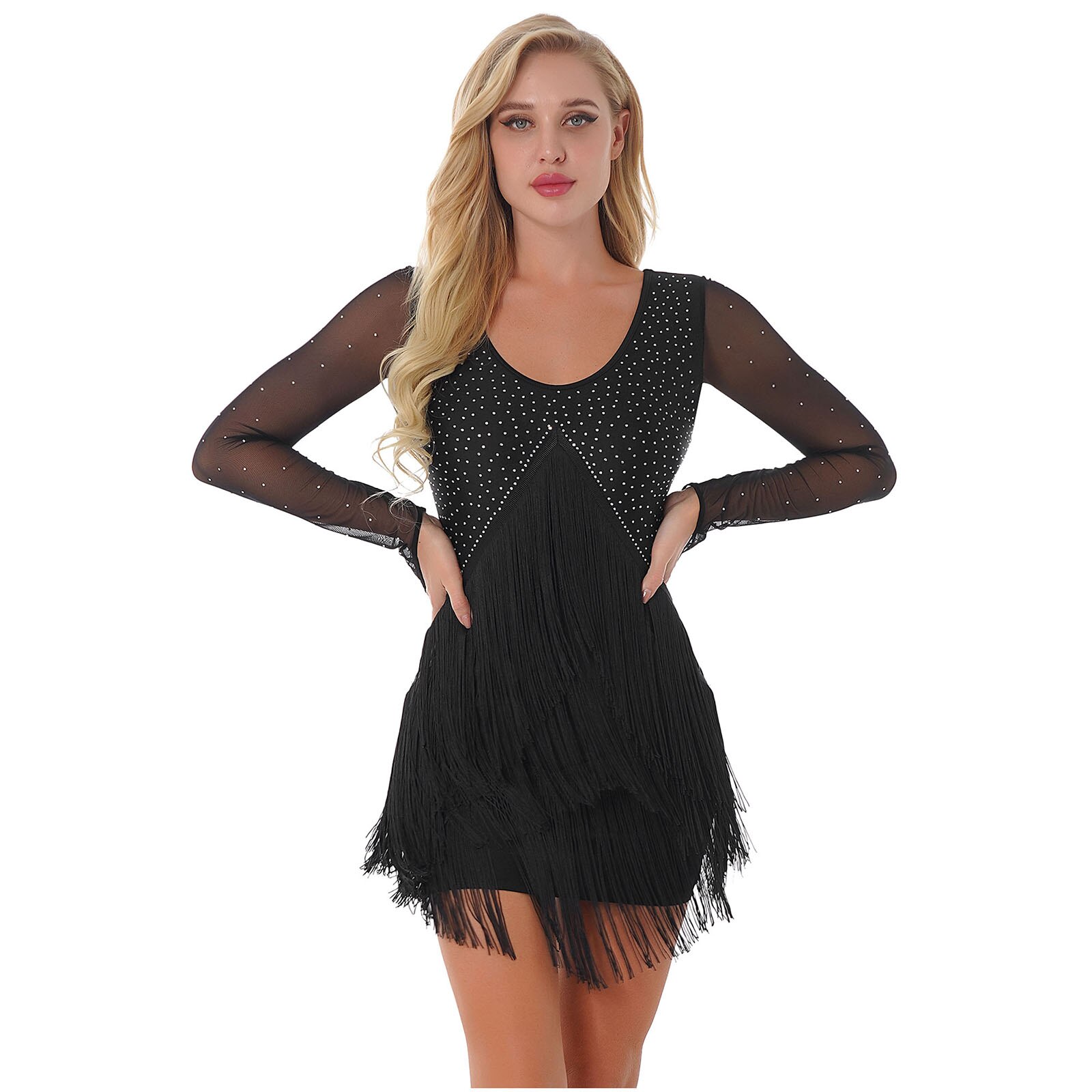 Womens See-through Mesh Long Sleeve Tassel Dance Dresses Sparkly Figure Ice Skating Latin Fringed Dress Ballroom Dancing Costume: S