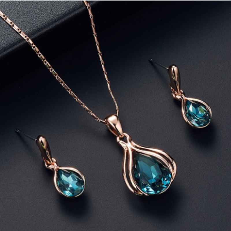 pendientes plata 925 andywen conjunto tous de pendiente y collar y Conjunto de collar de pendientes de boda geométricos creativos Zhihai azul, europea y americana, conjunto de gota de agua azul y verde para mujer