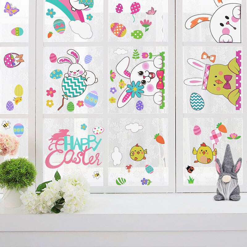 Pegatina de ventana de conejo de Pascua para decoración del hogar, Adhesivo de pared de huevo colorido, bonito pollo, conejo, suministros de de Primavera y Pascua