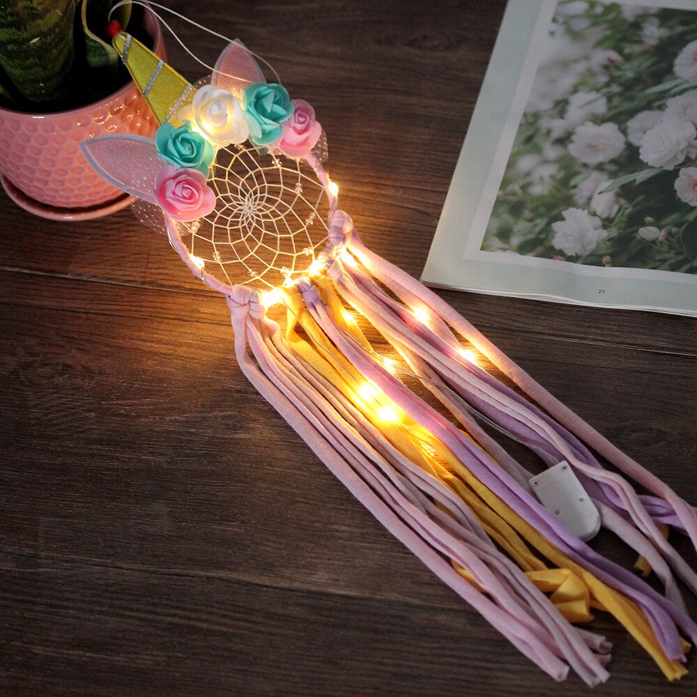 LED Kleurrijke Veer DreamCatchers Nordic Windgong Auto Kinderkamer Dream Catcher Balkon Wanddecoratie Opknoping Ornamenten