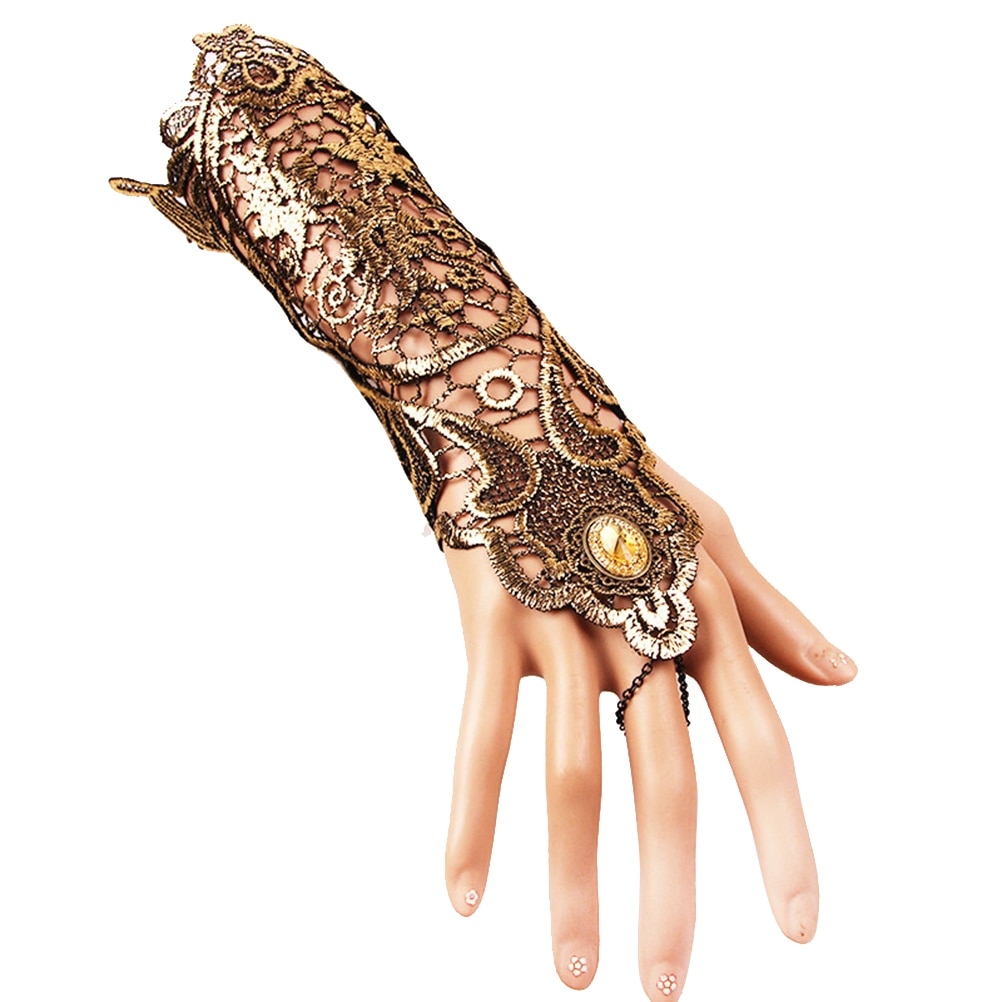 2 Stuks Klassieke Kant Armband Handschoenen Vrouwen Meisjes Elegante Met Ring Stijl Kant Armband Met Vinger Ring (Gouden)