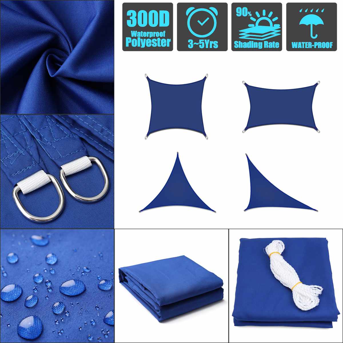300D Sun Shade Sail Waterproof Rectangle Triangle Garden Beach Awning Camping Patio Pool Sun Canopy Tent Sun Shelter Royal Blue