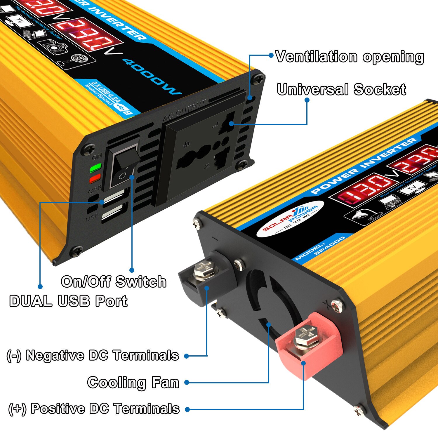 Inversor de potencia de 4000W para coche y Casa, Adaptador convertidor de cc 12V a CA 220V/110V, pantalla LED, transformador de voltaje USB Dual, onda sinusoidal modificada