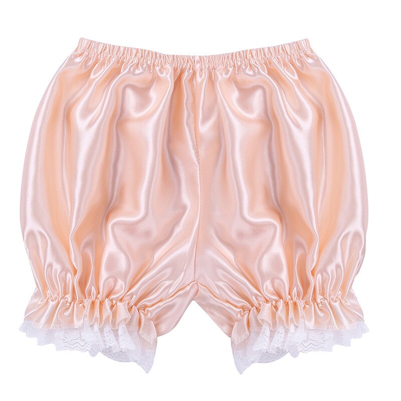 Women Female Elasticity Short Bloomers Girls Soft Lolita Lace Hem Shiny Pumpkin Bloomers Shorts Pants Cute Security Short Pants: Pearl Pink