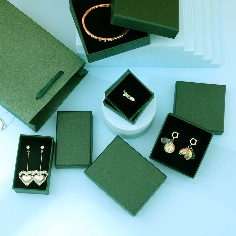 Caja de cartón verde para joyería, juego de anillos, collares, esponja rectangular, relleno de papel de cartón, cajas de embalaje de , 1 unidad