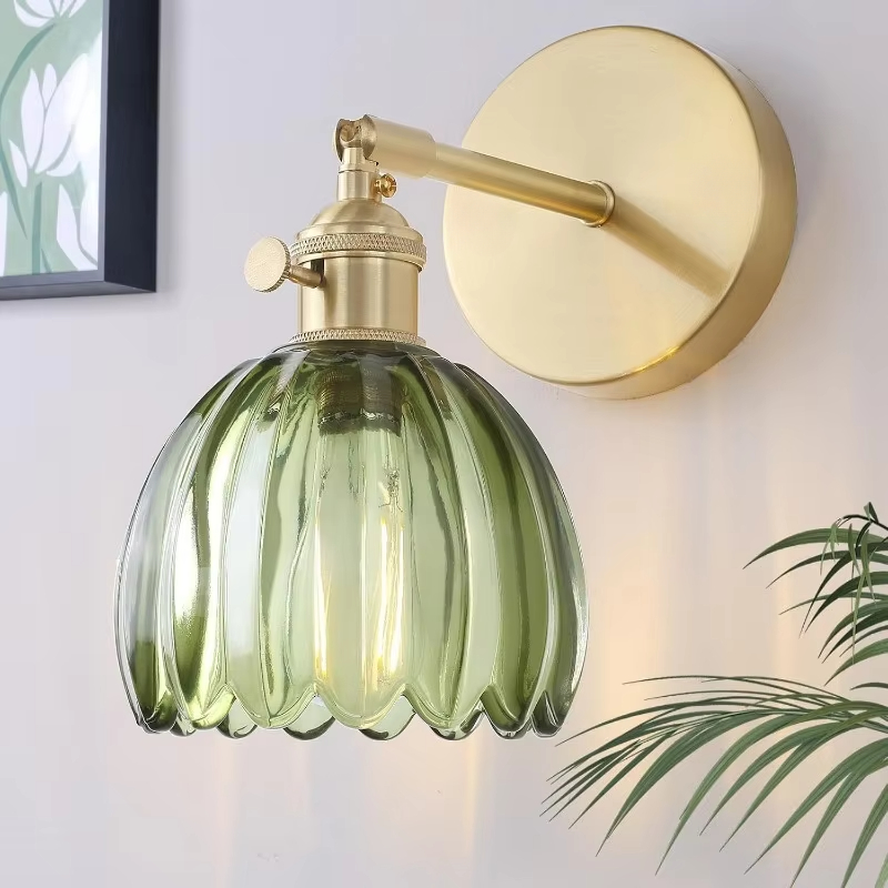 Vintage zielony tulipan szklany klosz lampy ściennej salon sypialnia lampa na drzwi lampki nocne