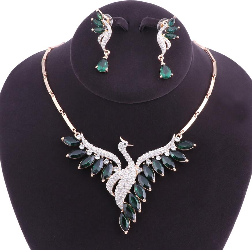 Wedding Bridal Jewelry Sets Peacock Necklace Earrings Set Party Prom Wedding Accessories Decoration: Green Gold