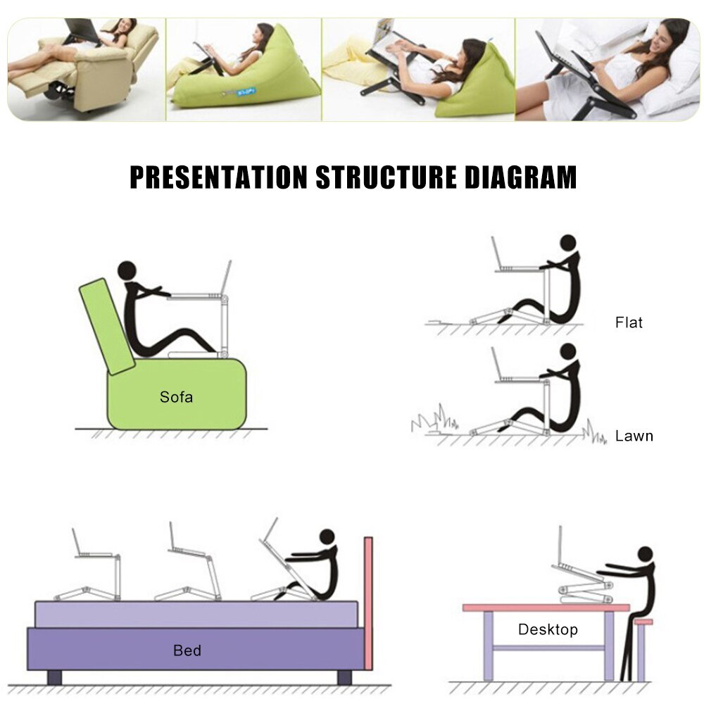 Verstelbare opvouwbare tafel voor laptop, bureau, computer, mesa, notebookstandaard, lade voor slaapbank, zwart, kantoor, slaapkamer, maat m/l, draagbaar