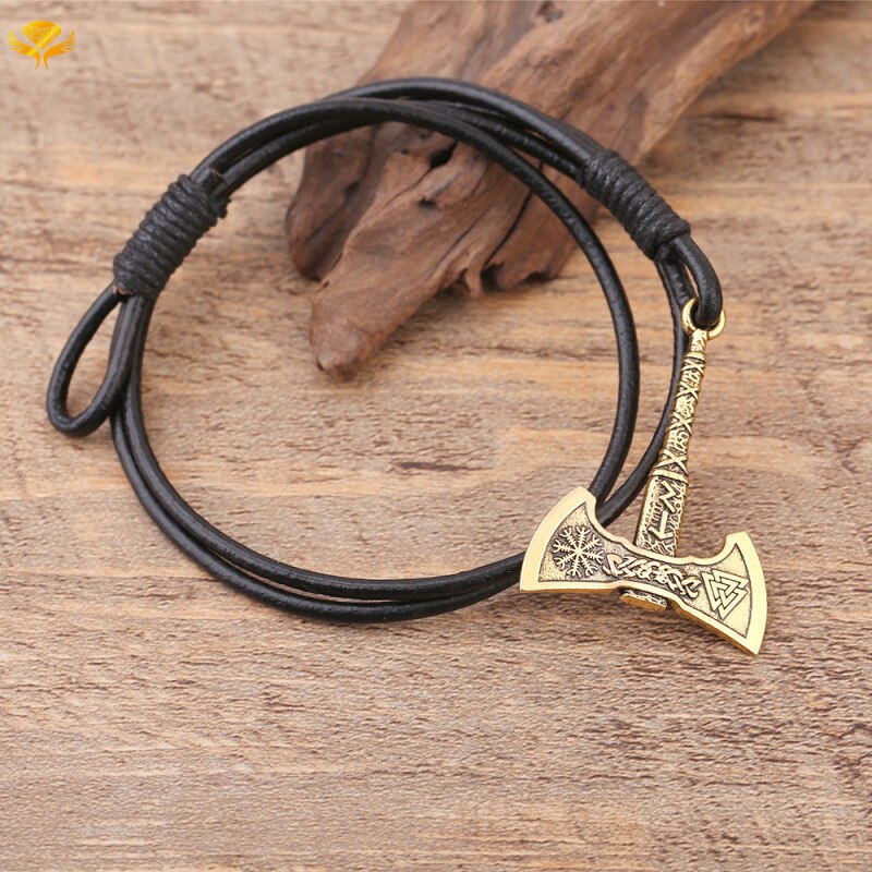 Difone masculino pulseira de couro cretaive ax viking braceletes para hombre ajustável multicamadas charme braslet acessórios presente masculino: YuanBlack-Gold
