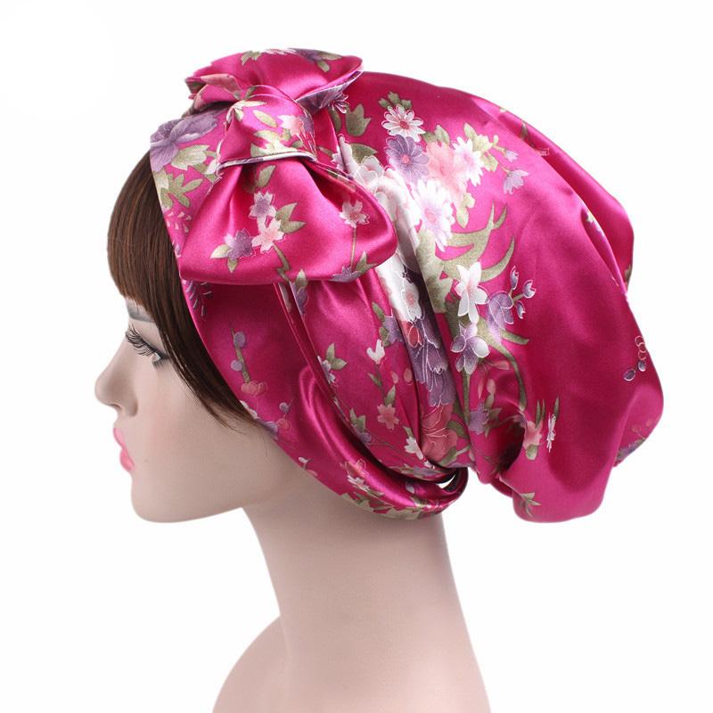 Satin dame hijab kemo hat turban hoved tørklæder hårtab hovedbeklædning bandana bånd sløjfe tørklæde cancer kasketter beanie cover: Rosenrød