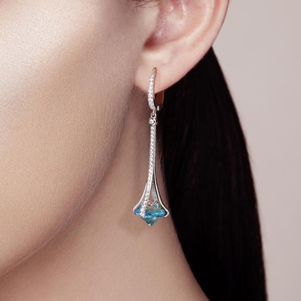 SANTUZZA 925 boucles d'oreilles goutte en argent Sterling rond bleu pierre blanc zircon cubique boucles d'oreilles élégantes pour les femmes de mariage de beaux bijoux