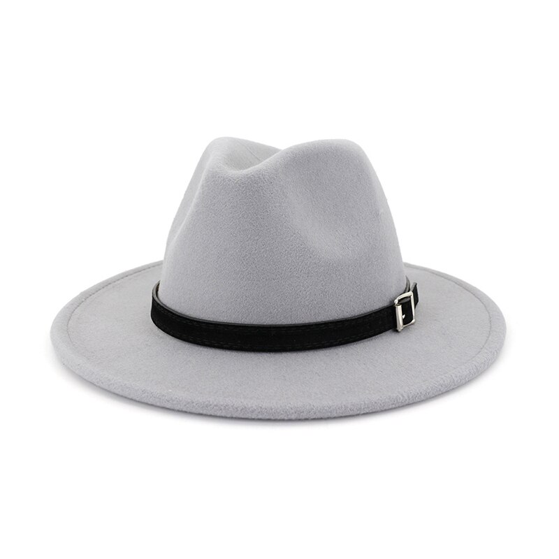 FS White Fedora Hat For Women Felt Hat With Belt Buckle Vintage Wool Wide Brim Jazz Cap Men Panama Hat 17 Colors: Light Gray fedora