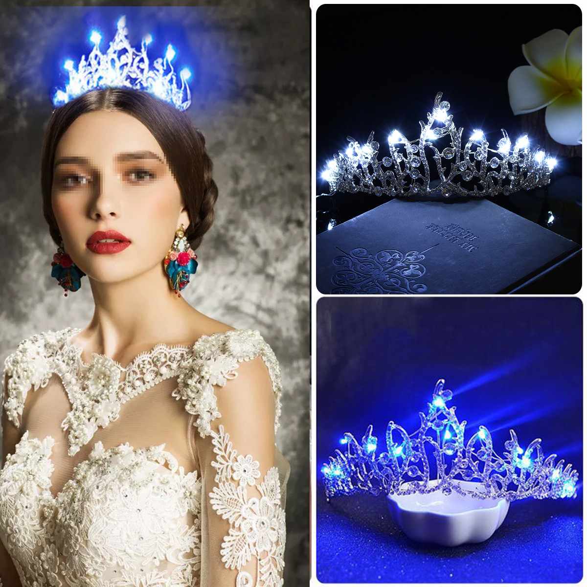 Självlysande diadem kronor för brud blå/vit ljus led krona för kvinnor fest bröllop headpiece hårprydnader kristall tiara