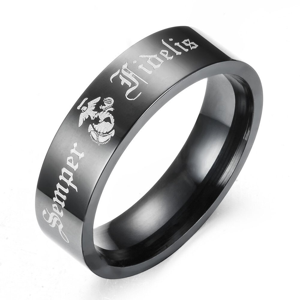 Black Semper Fidelis Mans Punk Ring Letter Latin Marines Rings Stainless Steel Ring: 14 / black