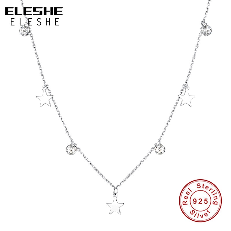 ELESHE Echt 925 Sterling Silber blendend kubisch Zirkon Runde & Stern Anhänger Halsketten für Frauen Halsband Halskette Silber Schmuck