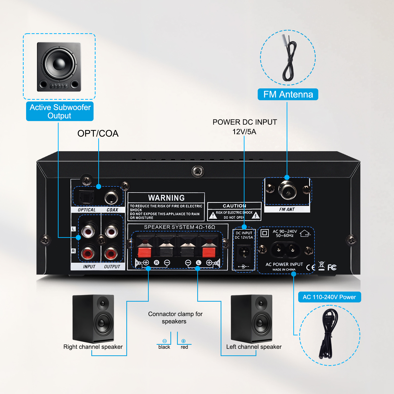Woopker AK55 HiFi Audio Amplifier Max 900W Digital Bluetooth 5.3 AMP RMS 70W+70W Channel 2.0 Supports Dual MIC Inputs FM Radio