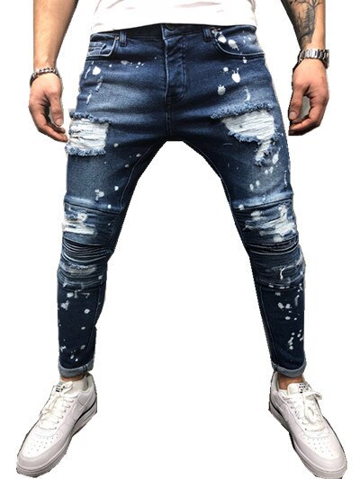 Pantalones vaqueros ajustados pintados para hombre, ajustados, rectos, rasgados, desgastados, Con parche en la rodilla, elásticos: M