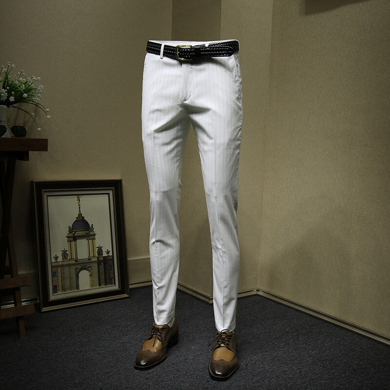 Hombre pantalones de vestir de negocios formal blanco de corte slim a rayas de Día del Padre de novio de boda Boda de usar inteligente hombre casual traje de pantalón plus tamaño