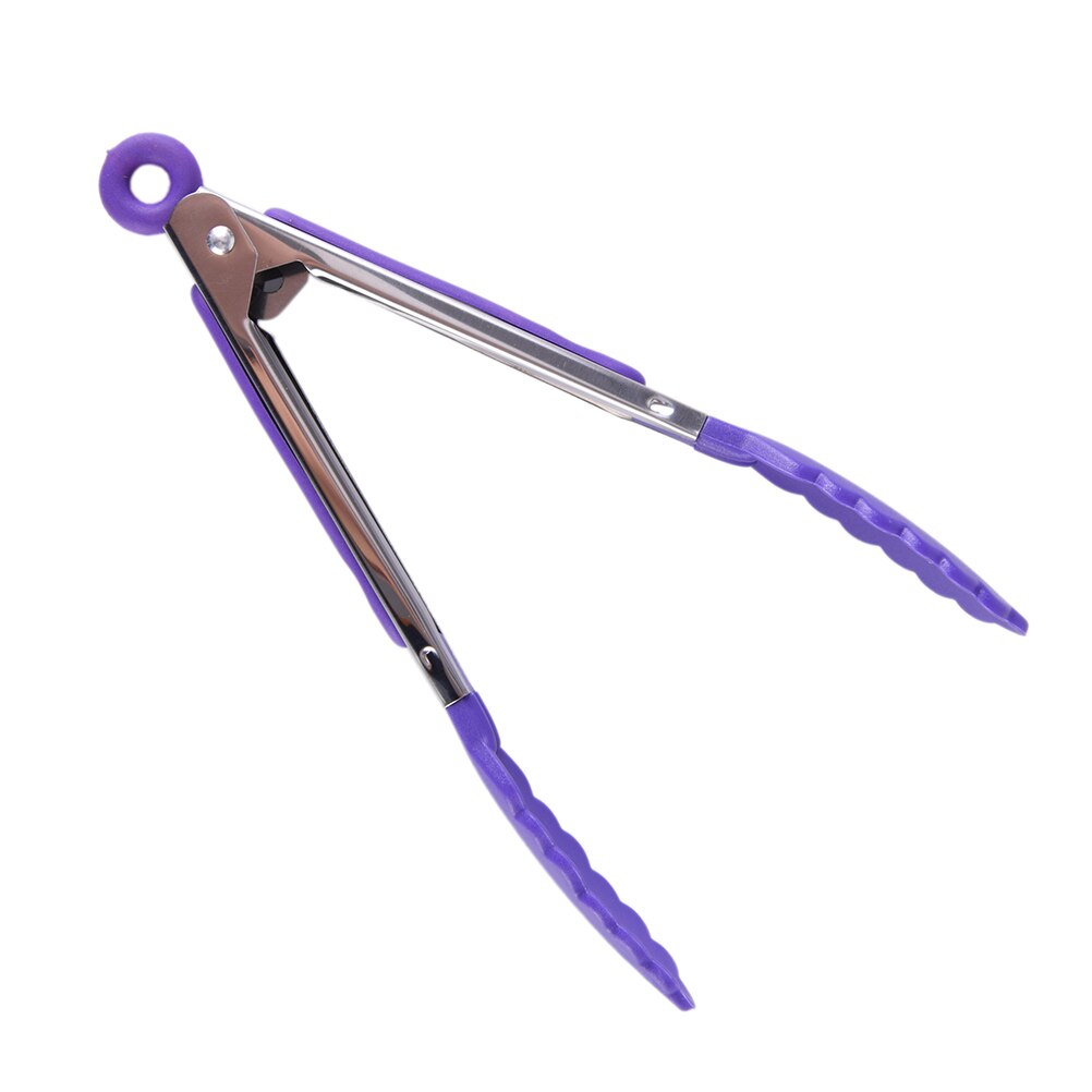 Silicone Food Clip Serving BBQ Meat Tongs Easy Salad Food Buffet Clip Steel Handle Outdoor Picnic BBQ Kitchen Tool: Purple