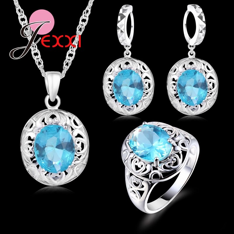 925 Sterling Silver Pendants Necklaces Earring Ring Set For Women Crystal Bridal Wedding Jewelry Sets Accessory