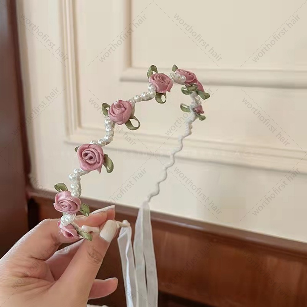 pink Rose Fairy Lace Hair Bands Head Wraps Headband Classic Romantic Wedding Shiny Silk Ribbon Rose Flower Hair Hoops Head Wrap: GRAY