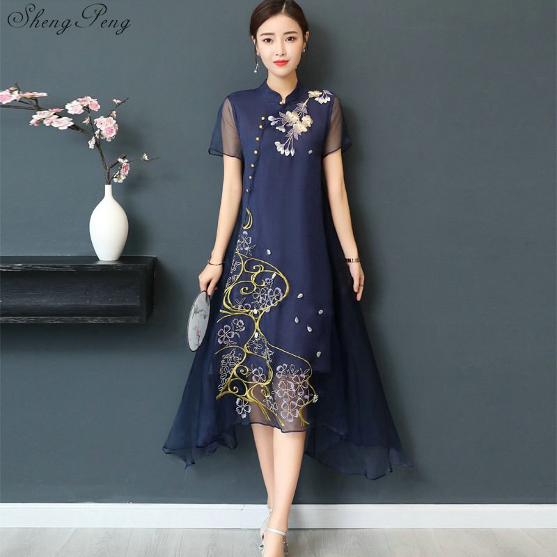 Vestido Qipao largo estilo Cheongsams, vestido tradicional chino de talla grande, flores de verano, Vintage, túnicas orientales V922