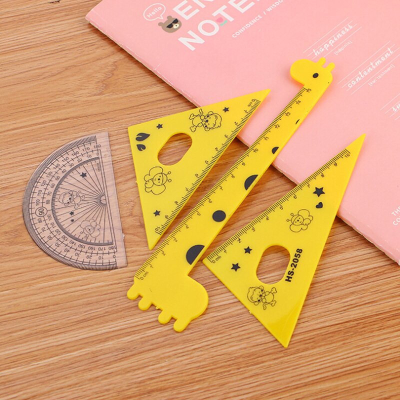 1 Set Student Ruler 4pcs Cute Cartoon 3 Colors Giraffe Animal Students' Ruler Meter Ruler Triangle Ruler
