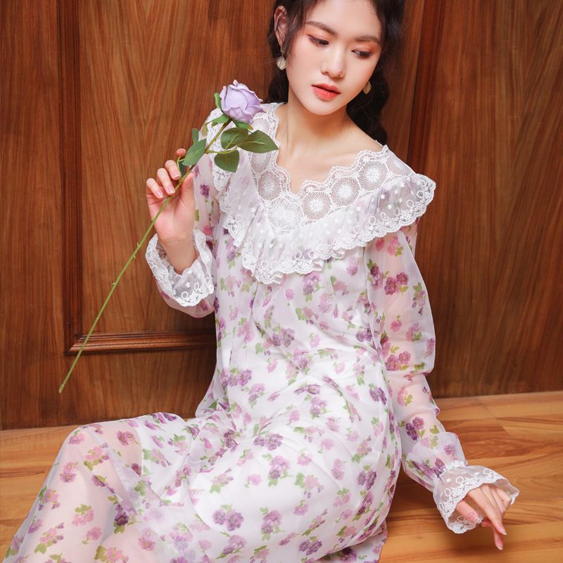 Sweet Floral Printed Mesh yarn Nightgown Dress Lace Long Model Nightdress Ladies Outerwear Dress Retro Homewear: 3 / L