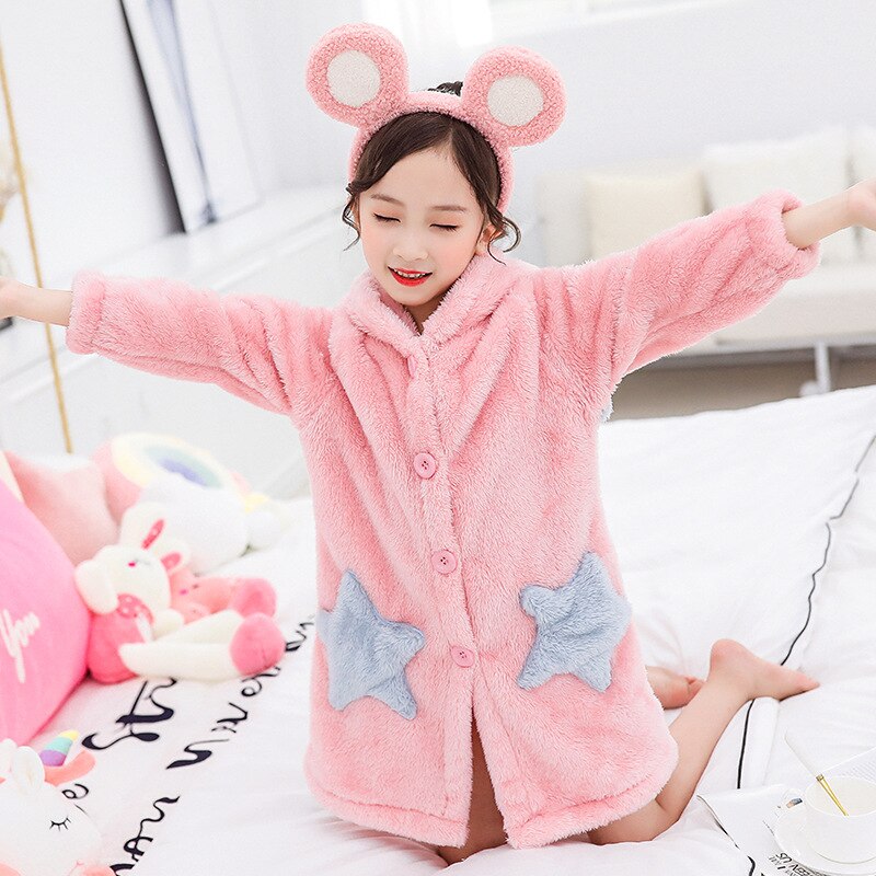 LZH Autumn Winter Thick Flannel Children's Pajamas Warm Hooded Nightdress For Girls Home Wear Nightgown For Kids 4-12 Years: pink / 5